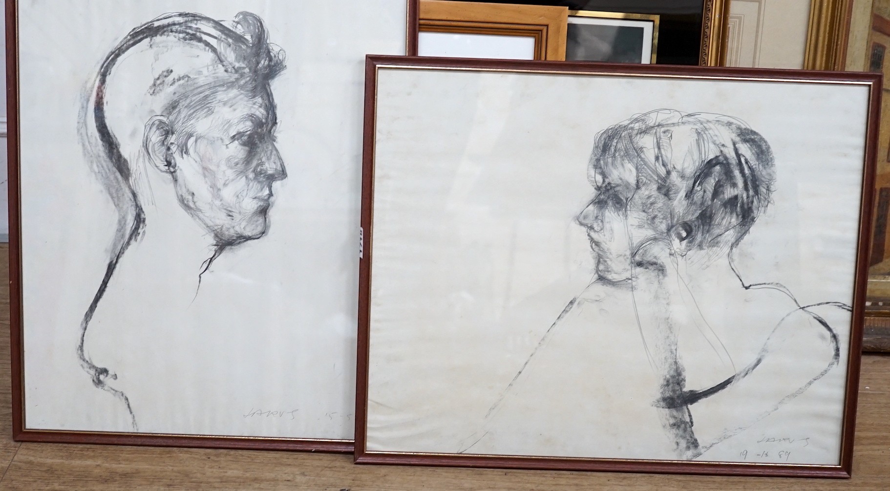 Roland Jarvis (1926-2016), two charcoal and pencil drawings, 'Profile Head 1' and 'Profile Head 2', signed and dated 1989, 50 x 40cm and 40 x 50cm